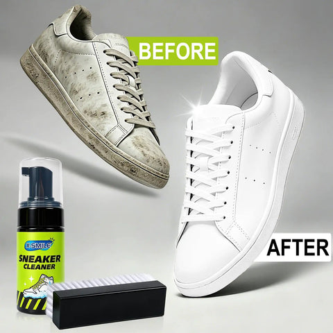 Premium Sneaker Cleaning Kit With Foam Shoe Cleaner For White Shoes And All Materials Like PU Synthetic Leather Canvas Mesh And Rubber Gentle Non Bleach Formula With Brush Microfiber Towel And Cleaning Wipe 100ml Great For White Kicks before and after cleaning result