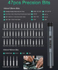 47 Magnetic Bits Mini Electric Screwdriver Kit with Bright LED Light showing bit variety and repair use for small gadgets