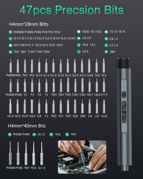 47 Magnetic Bits Mini Electric Screwdriver Kit with Bright LED Light showing bit variety and repair use for small gadgets
