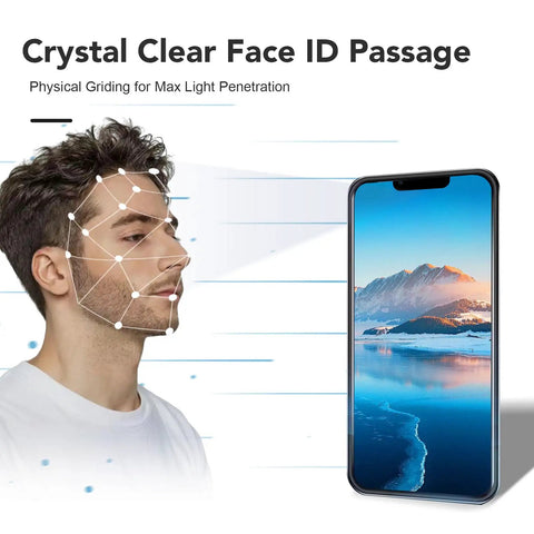 Man using Face ID feature next to iPhone 13 Pro Max with lake and mountain display, highlighting Face ID functionality.