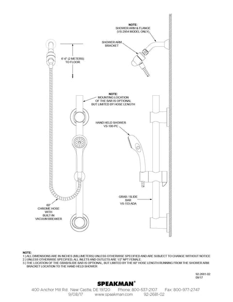 Diagram of Versatile Polished Chrome ADA Hand Held Shower System With 60 Inch Hose And Mounting Bracket Easy Install Single Function Spray