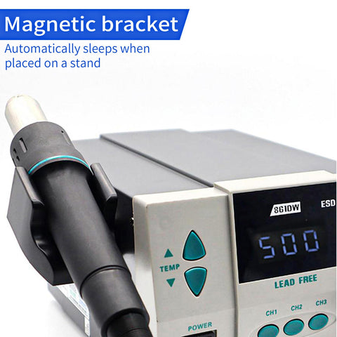 Beast 1000W Digital Hot Air Rework Station With Sleep Mode on magnetic bracket, showing display and control buttons.