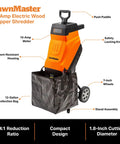 LawnMaster 15-Amp Electric Wood Chipper Shredder with 1.8-inch cutting diameter, 14 to 1 reduction, 12-gallon collection bag.