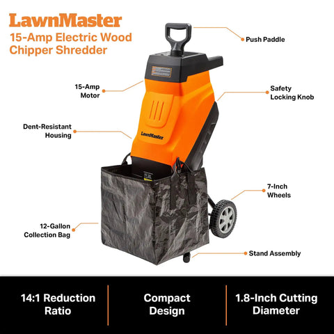 LawnMaster 15-Amp Electric Wood Chipper Shredder with 1.8-inch cutting diameter, 14 to 1 reduction, 12-gallon collection bag.