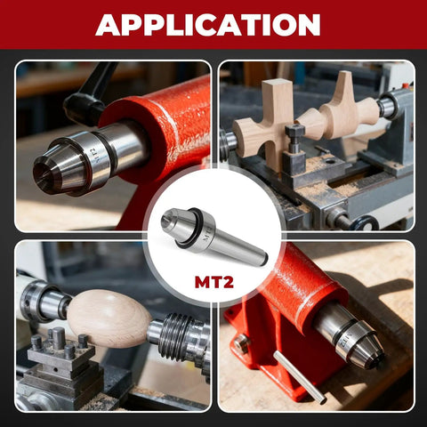 Collage showing MT2 Wood Lathe Live Center Set With Cup Tip For Tailless Lathes Stable Drive Spur Cup Arbor High Precision Lathe Work