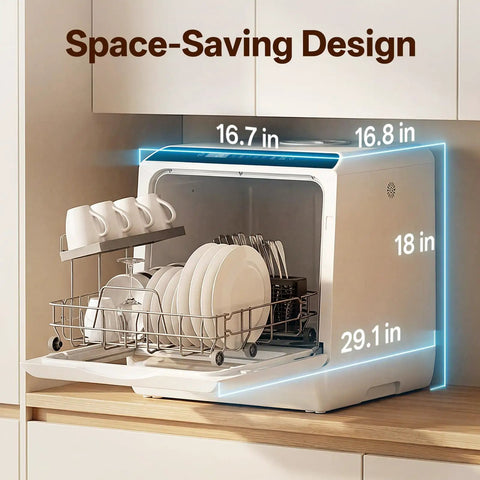 Nifty Portable Countertop Dishwasher For Tight Quarters Handles Four Place Settings On Dual Racks, dimensions shown.