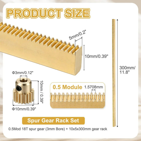 Brass Spur Gear And Gear Rack Set For Heavy Duty CNC And DIY Machines 0.5 Module 18 Tooth Pinion With 3mm Bore 10x5x300mm Rack, size diagram