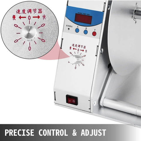Close-up of Heavy Duty Automatic Label Rewinder Machine Electric Speed Adjustable 0 To 50 Rpm showing precise control knob and settings.