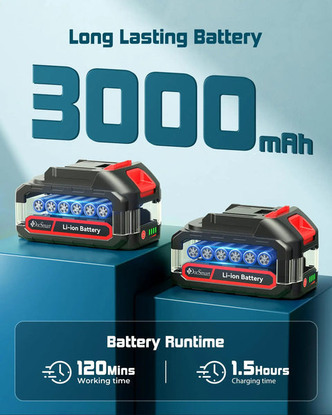 Two rechargeable batteries for Cordless Hedge Trimmer With Battery, 2 In 1 Electric Handheld Grass Shear Cutter on blue background