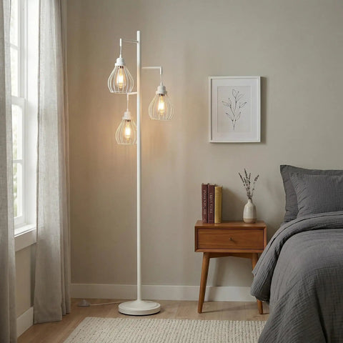 Teardrop Modern LED Floor Lamp With Three Cage Shades For Bedroom Office And Living Room Tall Industrial Standing Tree Lamp With Dope 2700K Warm Edison Bulbs And 550 Lumens Per Bulb Black