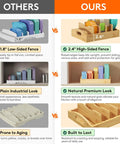 Comparison of bamboo lid organizer with 4 adjustable inserts against plastic alternatives, highlighting high-sided fence and premium look.