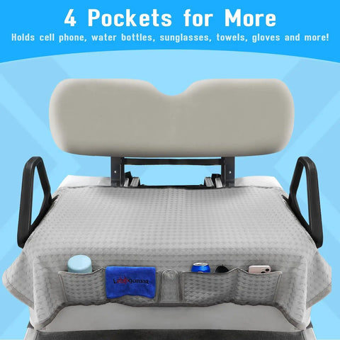 Cooling Butter Soft Ice Silk Golf Cart Seat Cover With Four Pockets Universal Fit For EZGO Yamaha Club Car showing storage pockets and gray cushion.
