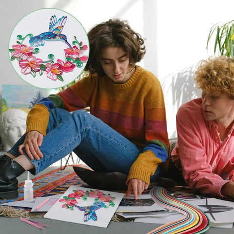 Killer DIY Quilling Kit Featuring 240 Dope Color Strips And A Smooth Guide Tool For Flower Hummingbird Paper Craft Projects Awesome Template Board For Adults Wall Art Decor Plus Sweet Room Vibes, two people crafting.