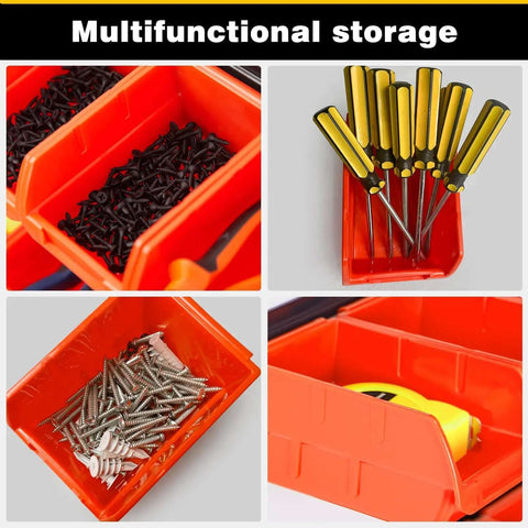 Wall Mounted Storage Bins Set With 12 Plastic Bins And 3 Rails For Garage Tools Hanging Organizer for screws, nuts, and bolts.