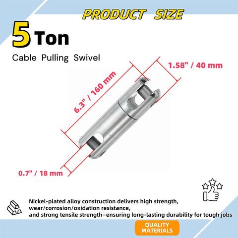 Heavy Duty 5 Ton Cable Pulling Swivel With Breakaway Safety Clutch And Nickel Plated Alloy Build for tackling wire feed jobs, 6.3" long.