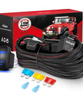 Beefy Heavy Duty Wiring Harness Kit 14 AWG With 1 Lead 12V 5 Pin Rocker Switch displayed with packaging and accessories