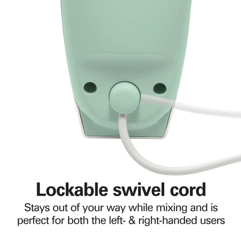 Close-up of Retro 5 Speed Electric Hand Mixer With SmartBoost Tech showing lockable swivel cord for easy mixing.