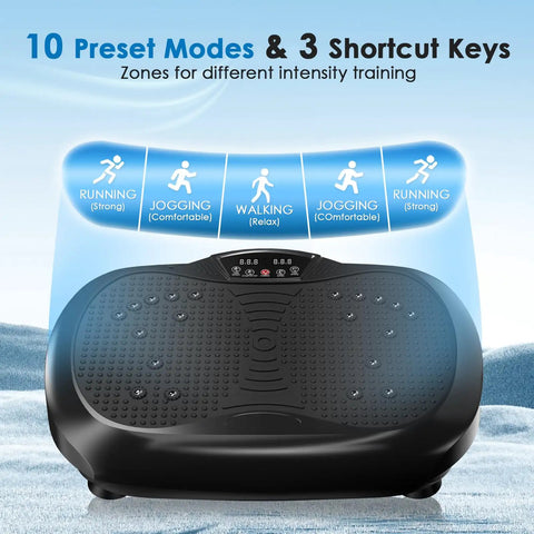 Black vibration plate exercise machine for whole body workout and weight loss at home, featuring 10 preset modes and 3 shortcut keys.