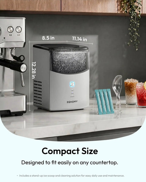 Premium countertop nugget ice maker rapidly chills your kitchen with up to 35 pounds of smooth crushed ice daily, 12.28 in tall.