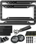 Patriotic Stainless Steel License Plate Frames 2 Pack With USA Flag Design Rustproof Car Tag Covers Includes Free Screws Stickers Keychain Cup Holder Mats Black And Gray