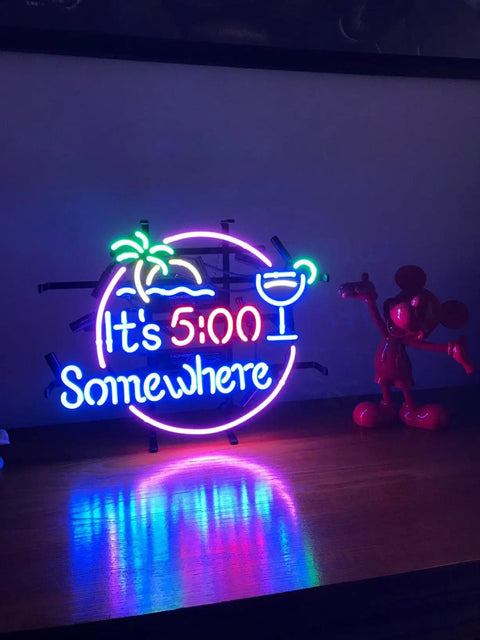 Its Five O Clock Somewhere Real Glass Neon Light Sign For Home Bar Pub Recreation Room And Game Room Wall Decor glowing on shelf