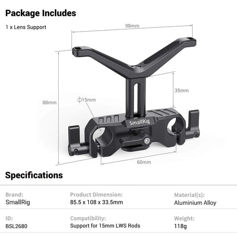 15mm Long Lens Support Bracket Height Adjustable For DSLR Shoulder Rig with specifications and dimensions displayed