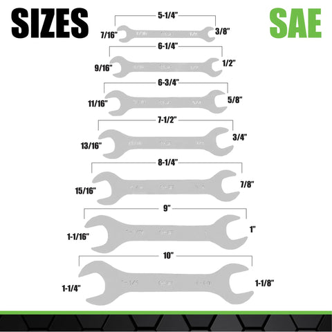 Ultra Thin Open End Wrench Set, 7 Piece Wrenches With 1/8 Inch Thickness, various sizes displayed from 3/8 x 7/16 to 1-1/8 x 1-1/4