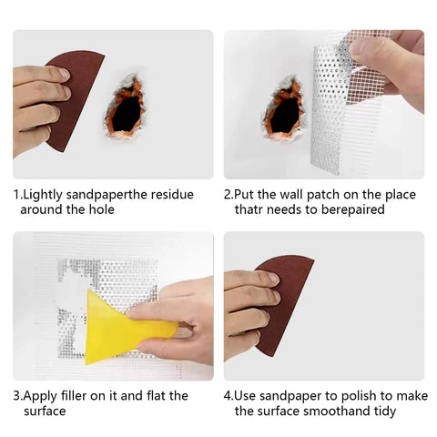 Steps showing use of 10 Inch Drywall Repair Patch Kit With Self Adhesive Aluminum Plasterboard Patches Quick Fix For Cracks In Walls And Ceilings