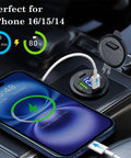 Hella Fast 66W 12V Car Charger With Four Ports Dual PD And Quick Charge 3.0 Digital Voltmeter charging an iPhone in a car.