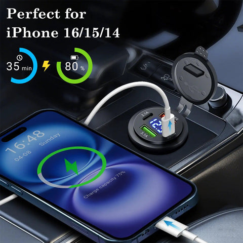 Hella Fast 66W 12V Car Charger With Four Ports Dual PD And Quick Charge 3.0 Digital Voltmeter charging an iPhone in a car.