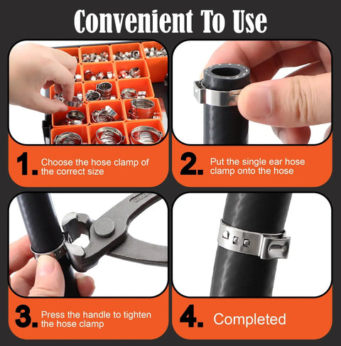 560 Pcs 22 Sizes 304 Stainless Steel Stepless Single Ear Hose Clamp Kit With Ear Clamp Pincer Tool for Fuel Line and Home Use