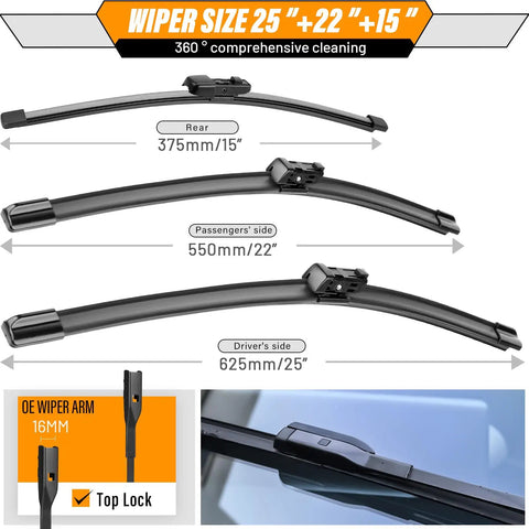 All Season Replacement Wiper Blades For Volkswagen Tiguan 2018 2025 showing blade sizes and top lock feature