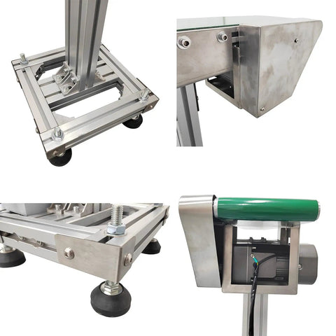 Close-up of aluminum frame and motor of PVC Belt Conveyor 47 Inch Long 5.9 Inch Wide Aluminum Frame Countertop Transport Conveyor With Adjustable Speed 110V 120W Green Industrial Workhorse For Small Parts Sorting And Packaging