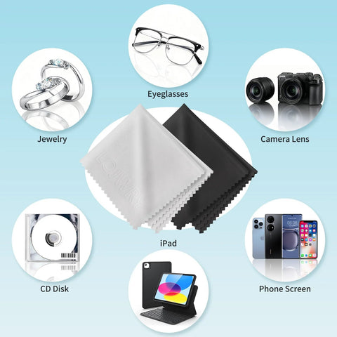LOJWRY 6x7-inch microfiber cleaning cloths, 6-pack in white and black, for glasses, camera lenses, and screens