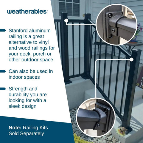 Stanford Aluminum Railing Brackets for indoor and outdoor use, installed on deck with black textured powder coat finish.