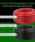 Beefy 1/0 AWG Battery Cable 5ft Red And 5ft Black Heavy Duty Welding Cable, Flexible Stranded Oxygen-Free Copper Wire For Automotive, Inverter, Solar, Marine, Generator, 600V, High Conductivity. coiled red and black cable set