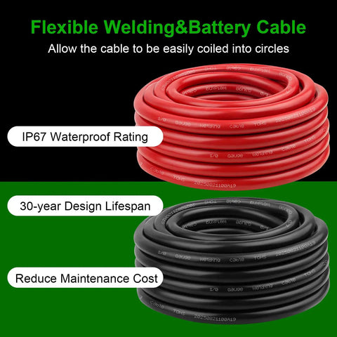 Beefy 1/0 AWG Battery Cable 5ft Red And 5ft Black Heavy Duty Welding Cable, Flexible Stranded Oxygen-Free Copper Wire For Automotive, Inverter, Solar, Marine, Generator, 600V, High Conductivity. coiled red and black cable set