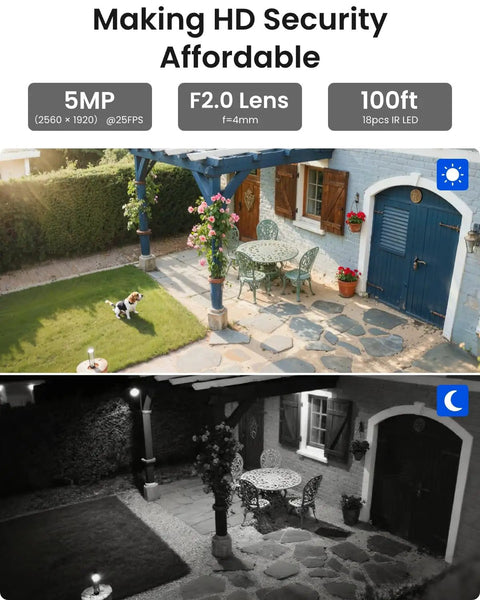 5MP outdoor camera view day and night from 8 Channel 5MP PoE Home Security System With 6 Outdoor Cams, 4K NVR And 2TB HDD