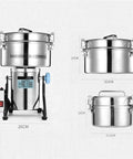 Grain Grinder 4500G Stainless Steel High Speed Pulverizer with dimensions for home and commercial milling, side view.