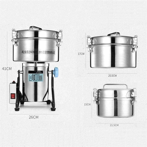 Grain Grinder 4500G Stainless Steel High Speed Pulverizer with dimensions for home and commercial milling, side view.