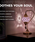 Totally Handmade Turkish Moroccan Swan Neck Tiffany Style Mosaic Glass Table Lamp with hand-cut glass globes glowing on desk