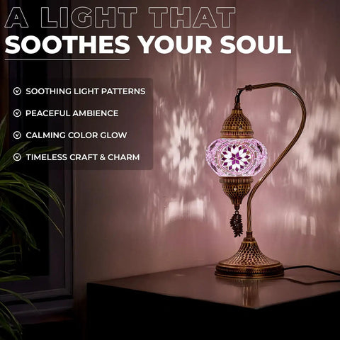 Totally Handmade Turkish Moroccan Swan Neck Tiffany Style Mosaic Glass Table Lamp with hand-cut glass globes glowing on desk