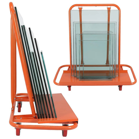 Heavy Duty Wall Panel Trolley With Detachable Steel Frame Impact Proof Drywall Sheet Cart Built Tough As Nails For Easy Job Site Moves smooth rolling dolly holding glass panels on a flat base.