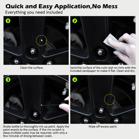 Steps showing Black Rim Touch Up Paint Kit For Cars With Brush Quick Wheel Scratch Repair Automotive Rim Paint For Curb Rash And Surface Damage Easy DIY Rim Repair 1 Oz 30 Ml application process