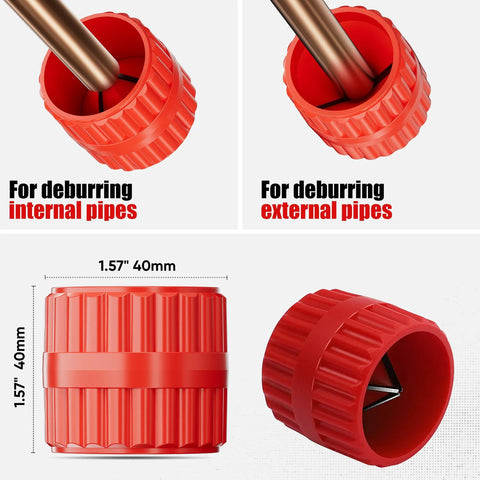 Shall 4-Piece tubing cutter set, red plastic body with metal blades and deburring tools.
