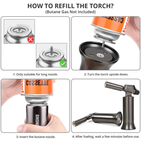 Diagram illustrating how to refill Big Flame Butane Torch Refillable Blow Torch For Cooking BBQ Welding Soldering with gas canister.