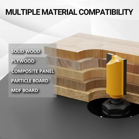 100 Piece Router Bit Set With 1/4 Inch Shank Tungsten Carbide Cutters cutting various wood materials demonstrating compatibility