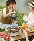 2 Pack Flexible Ice Mats for Food Cooling used at a picnic, showing gel sheets with meat resting on them next to a BBQ setup