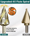 Four Spiral Flute Step Drill Bit Set For Metal And Wood Five Piece High Speed Steel Unibit Kit Ranging From One Eighth Inch To One And Three Eighths Inch With One Quarter Inch And Three Eighths Inch Hex Shanks Built For Quick Beefy Heavy Duty Drilling, showing step sizes and flutes comparison.