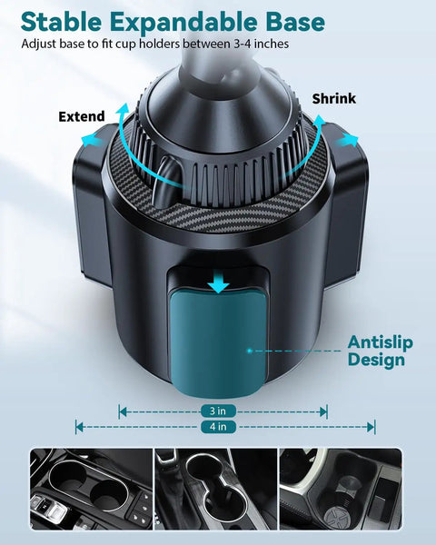 Stable expandable base of Beefy Magnetic Cup Holder Phone Cradle With MagSafe N54 Magnet for car holder fits various cup sizes.